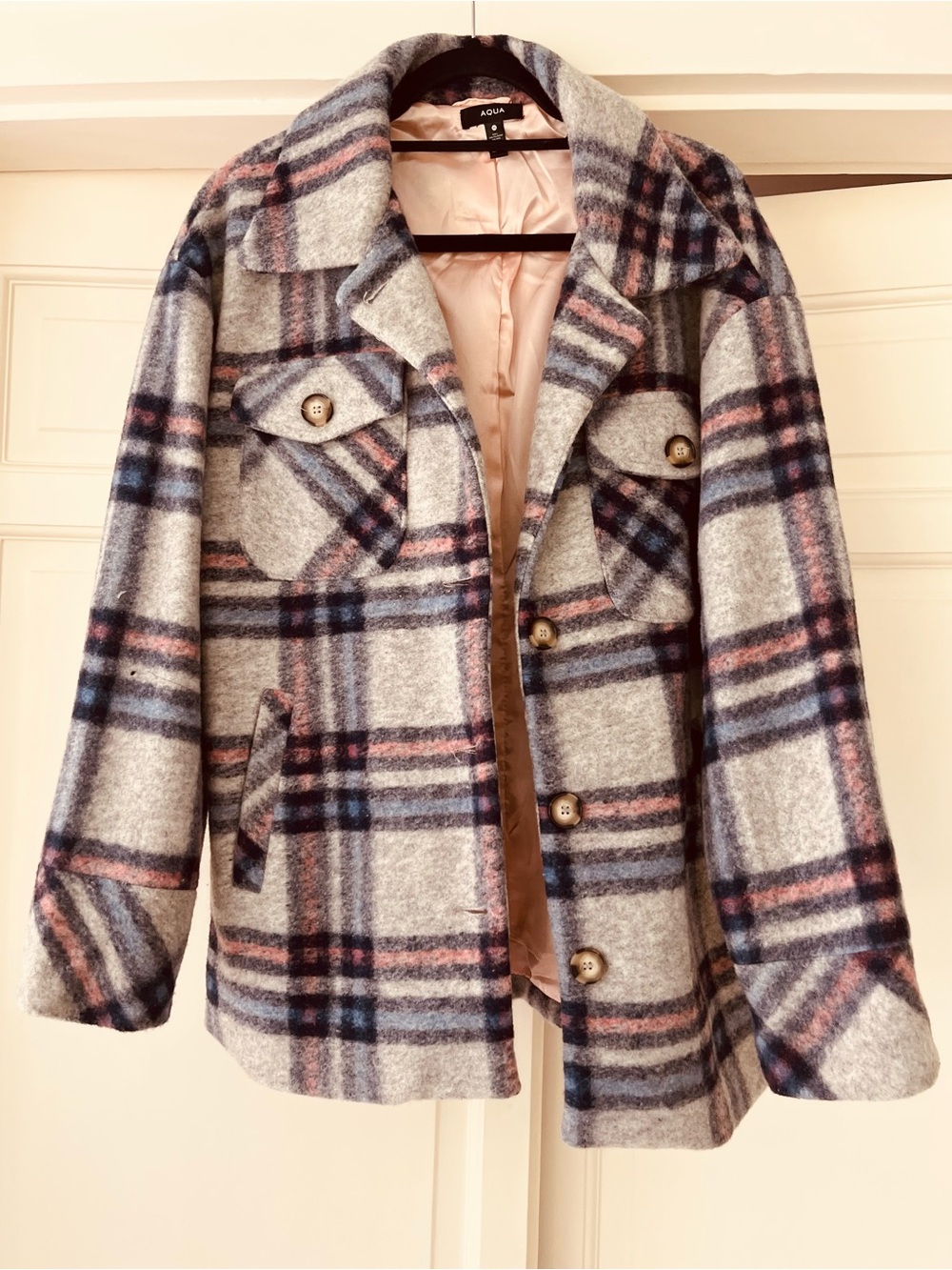 Aqua Gray Plaid Wool-Blend Jacket with Pink & Blue Accents
